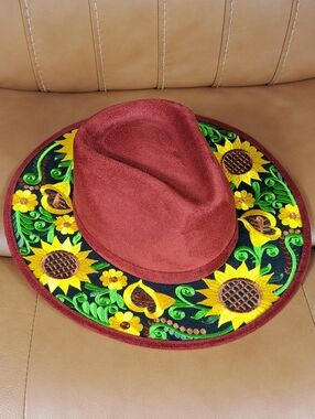 Embroidered Sunflower Brim Fedora Hat Boho Western Statement XL